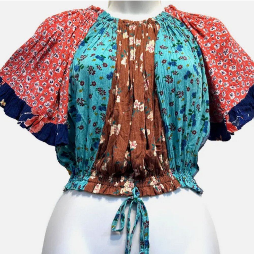 Nwt SACRED THREADS boho hippy floral patch crinckled rayon crop TOP L